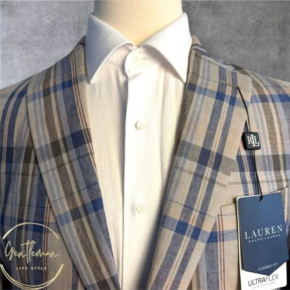 RALPH LAUREN Mens Blazer Sport Coat Two Button Jacket 44L Blue/Beige Linen Suits